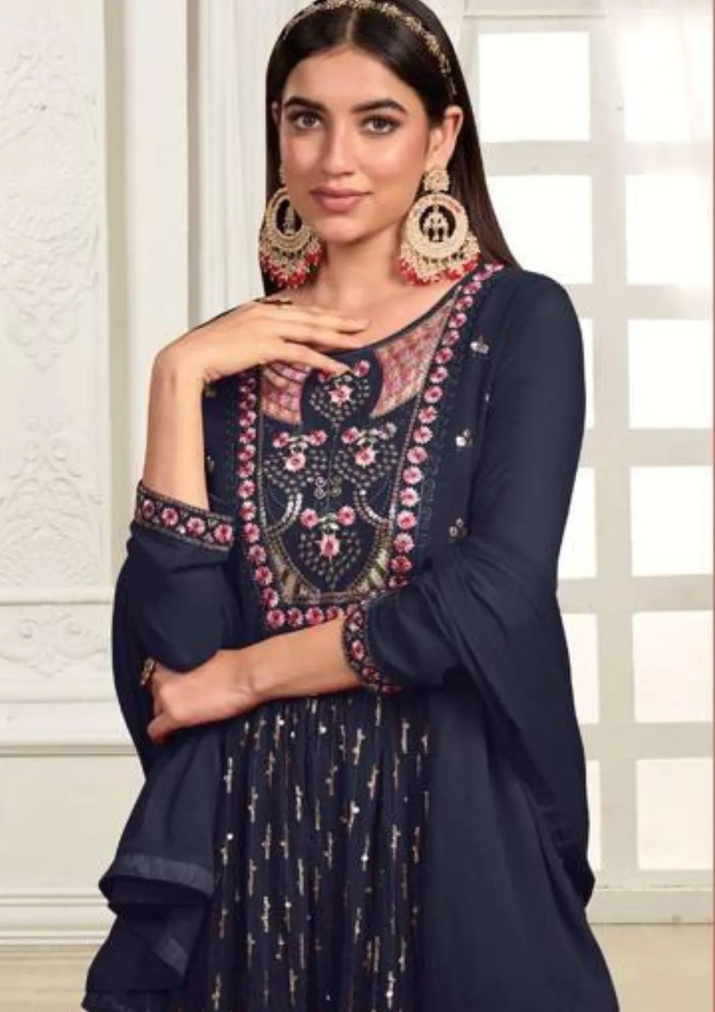 Appealing Blue Color Embroidery Work Kurti With Palazzo Suits