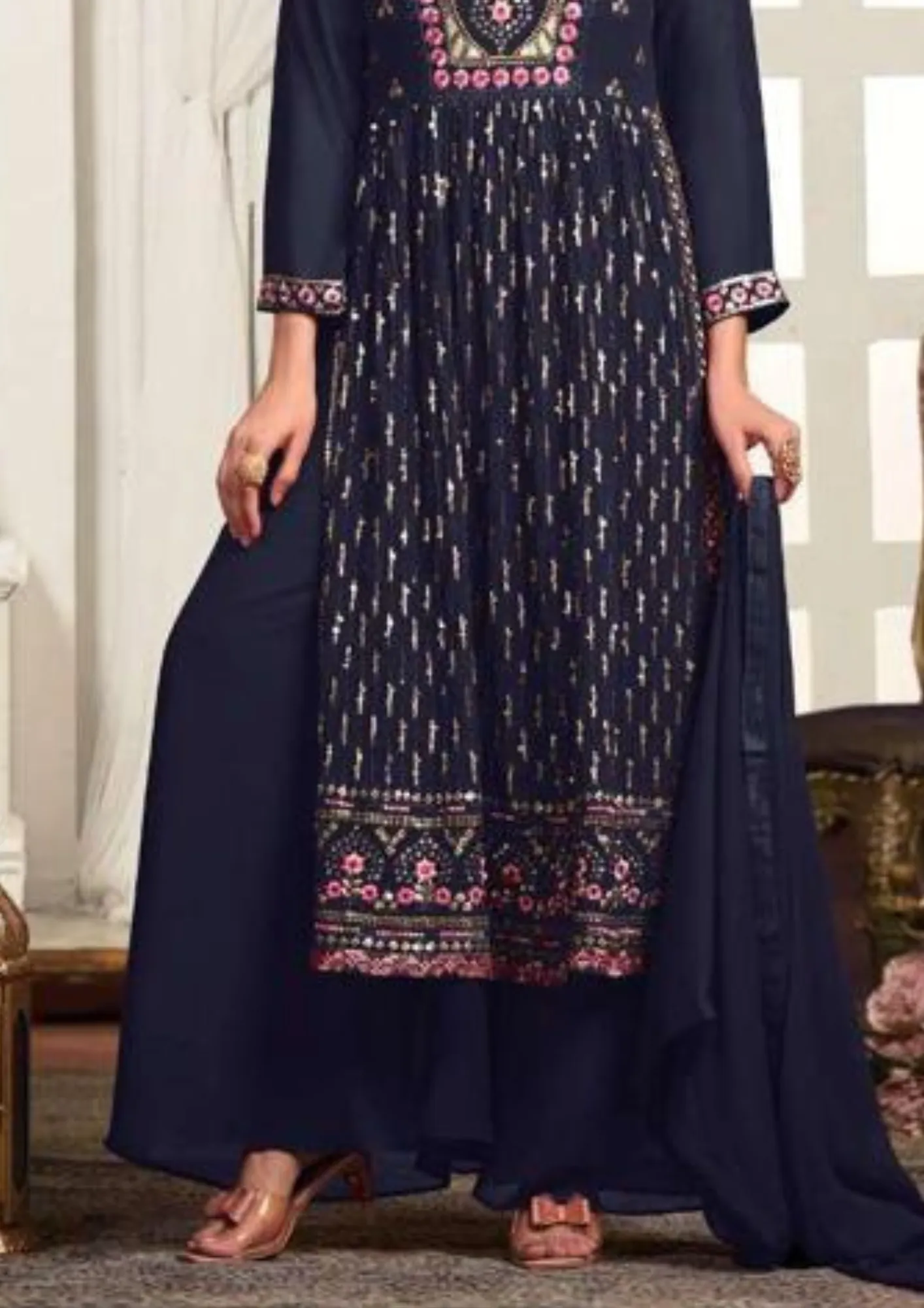 Appealing Blue Color Embroidery Work Kurti With Palazzo Suits