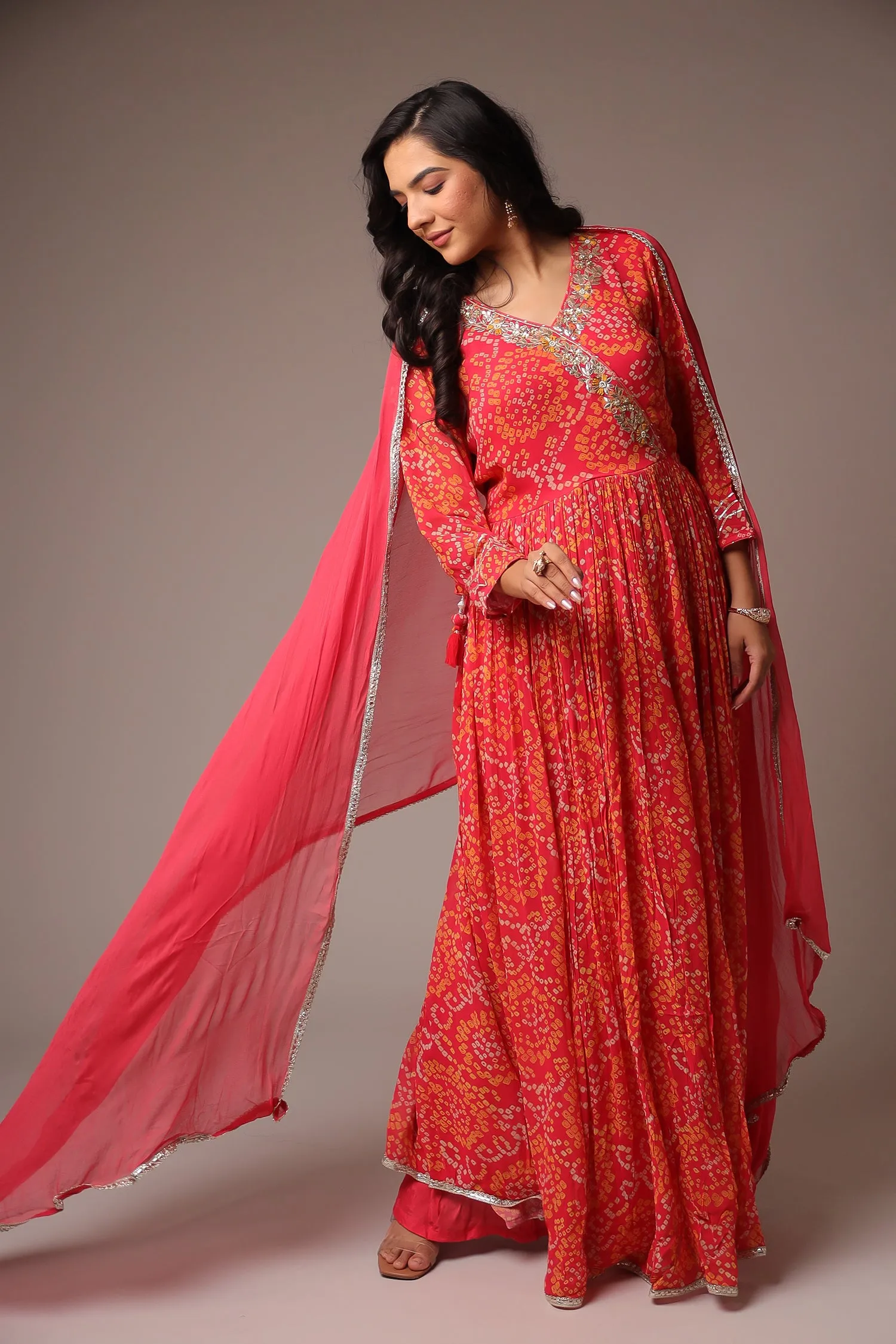 Bandhej Anarkali Georgette Suit with Gota Patti work.