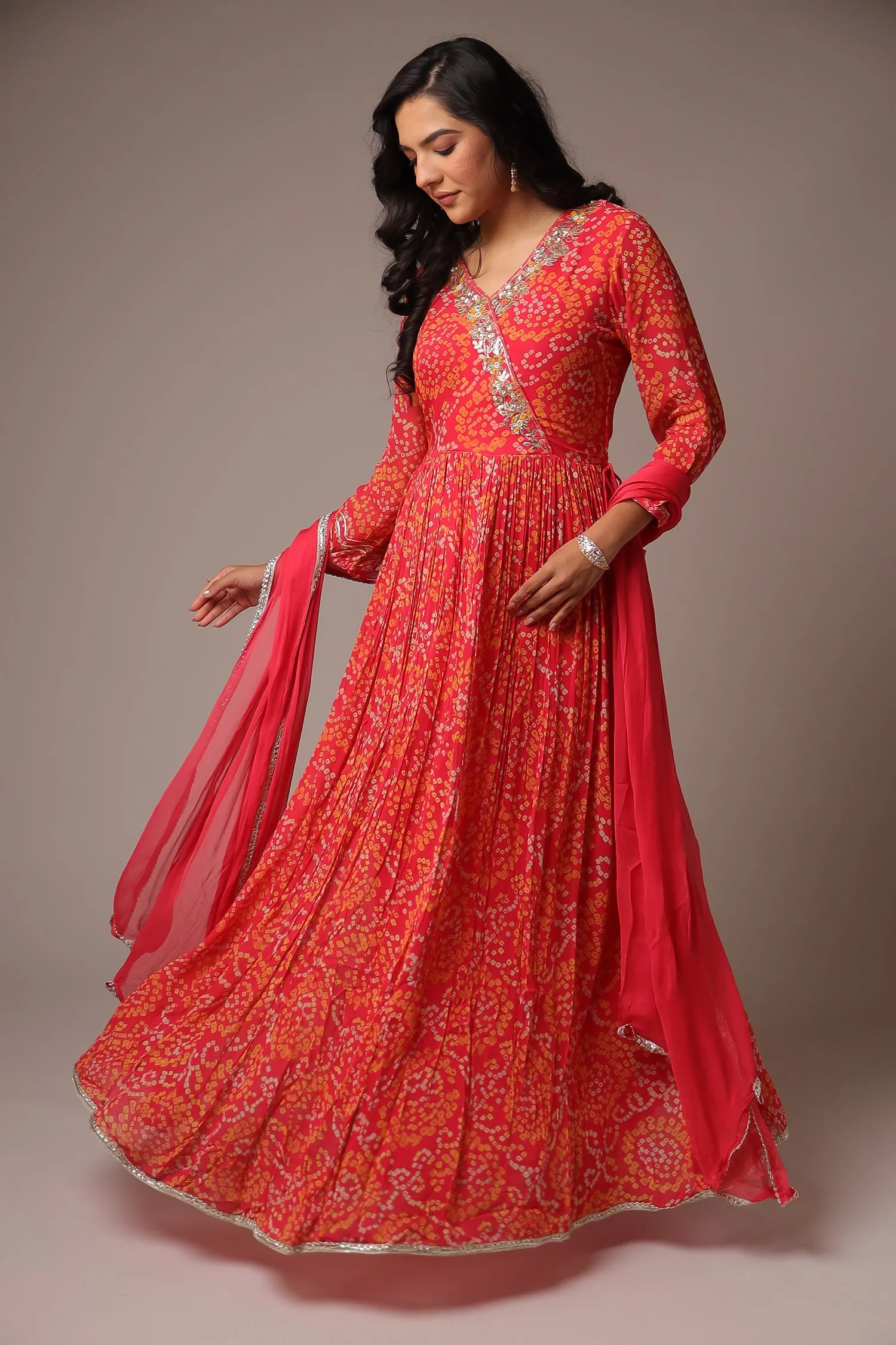 Bandhej Anarkali Georgette Suit with Gota Patti work.