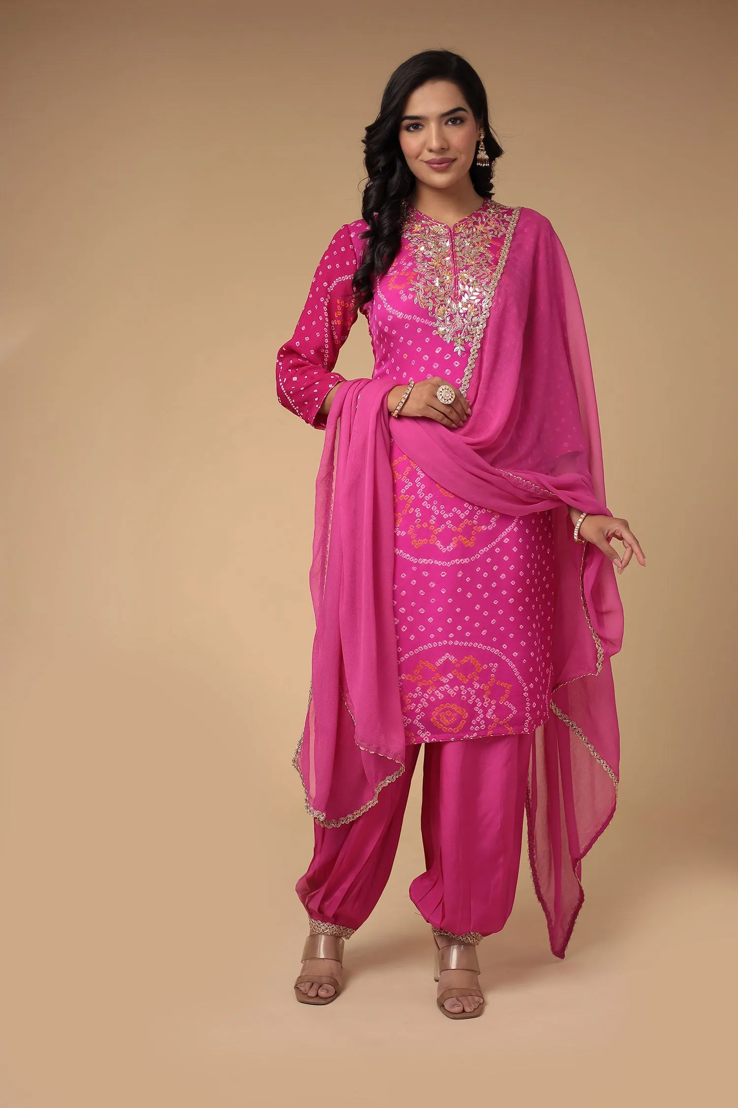 Bandhej Georgette Suit Embroidered with Gota Patti work