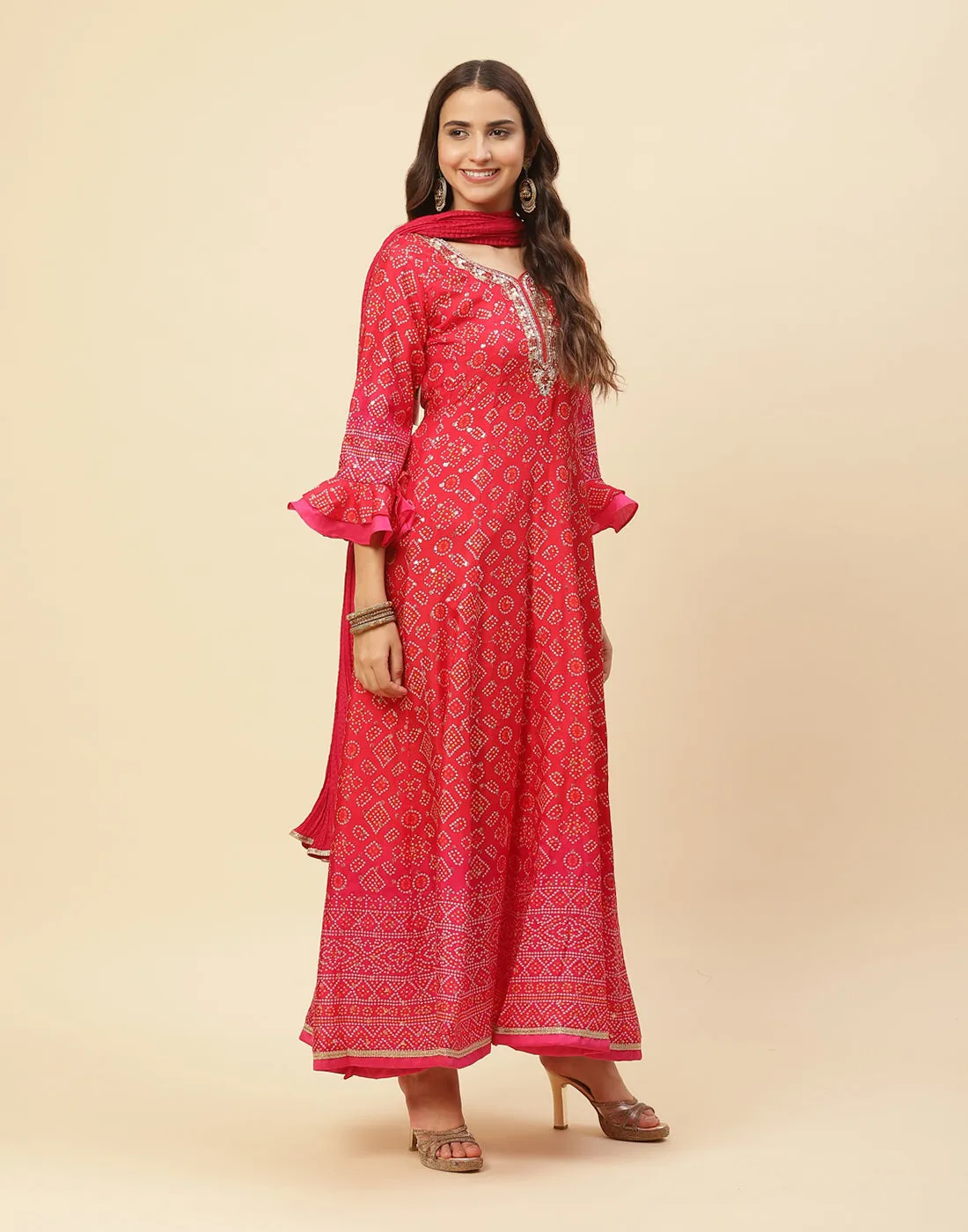 Bandhini Printed Handloom Dupion Salwar Kameez Stitched Suit With Art Silk Dupatta