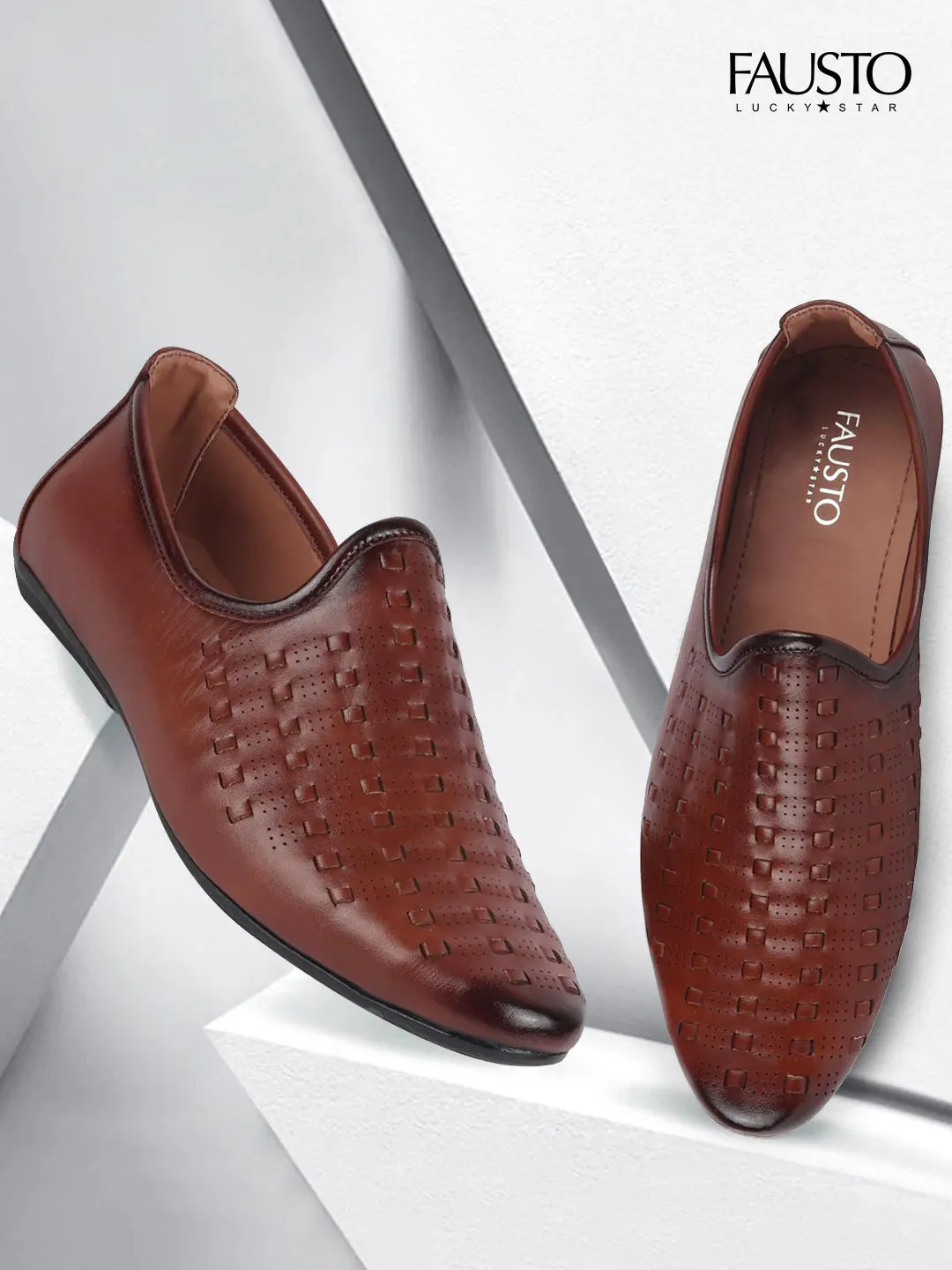 Men Tan Ethnic Slip-On Round Toe Jutis & Mojaris