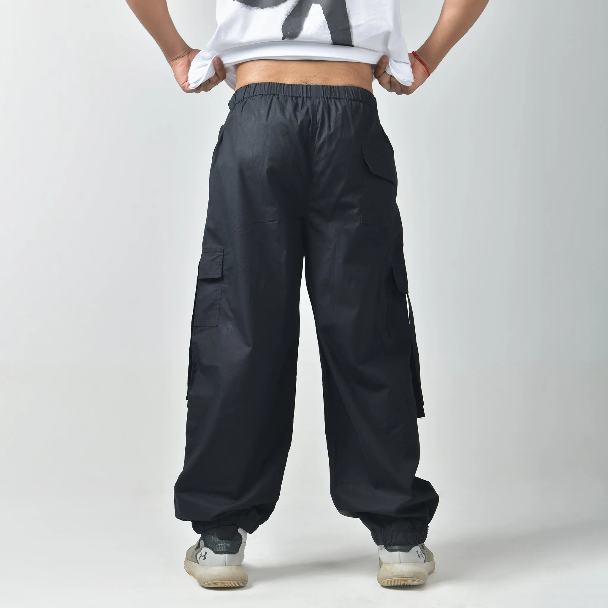 Black Cargo Parachute Pants For Men