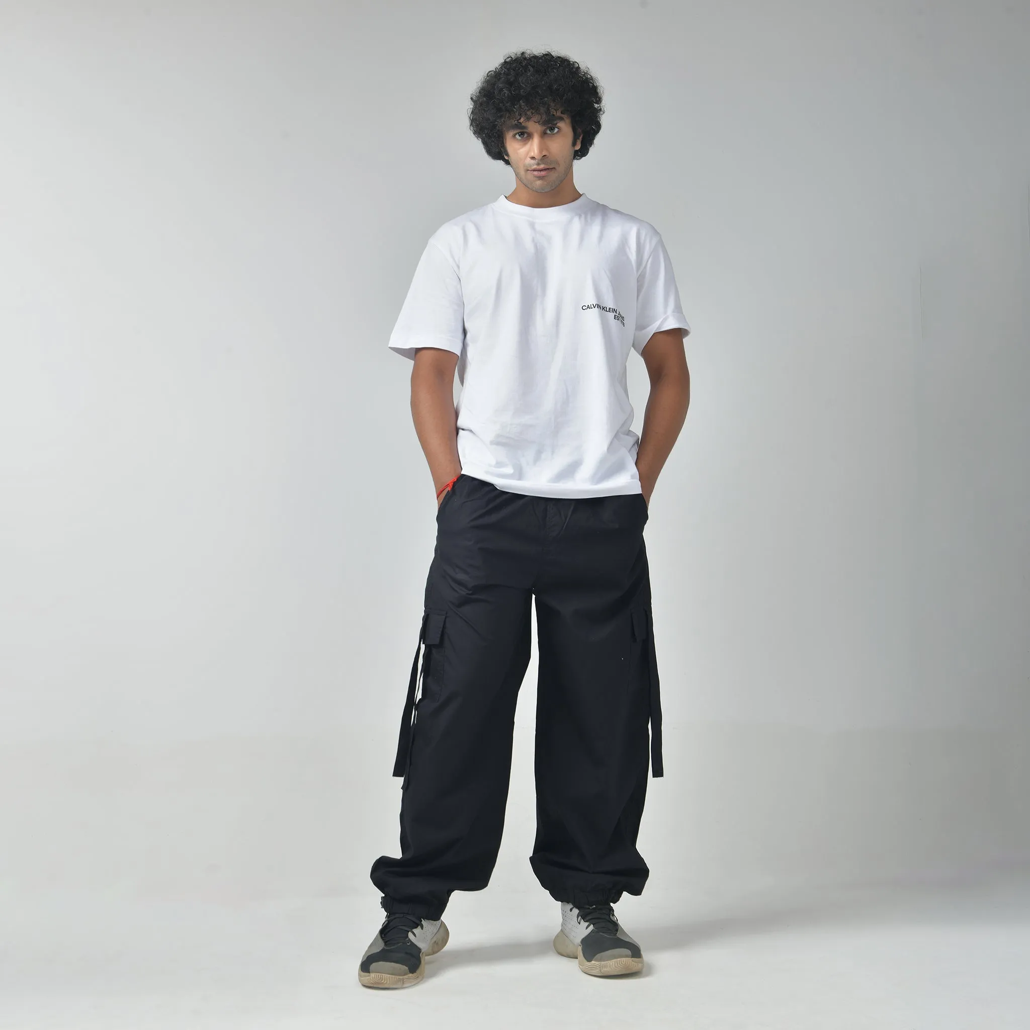 Black Cargo Parachute Pants For Men