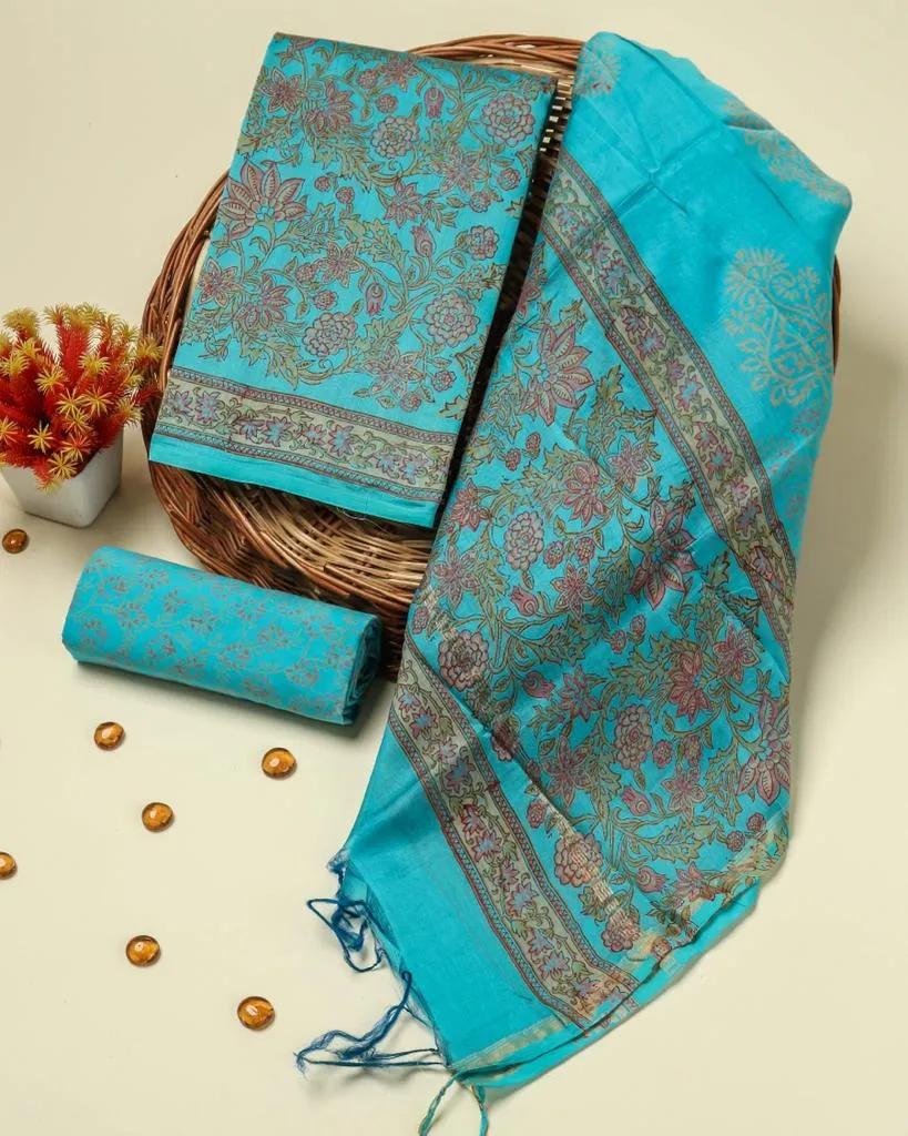 Blue Jaal Print Chanderi Silk Suit Set (CHA340)