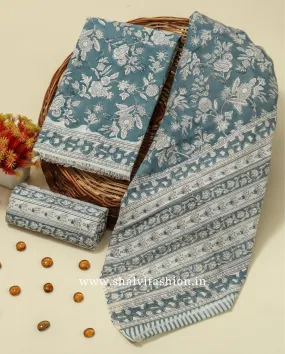 Blue Jaal Print Cotton Suit Set with Mulmul Dupatta (PRMUL225)