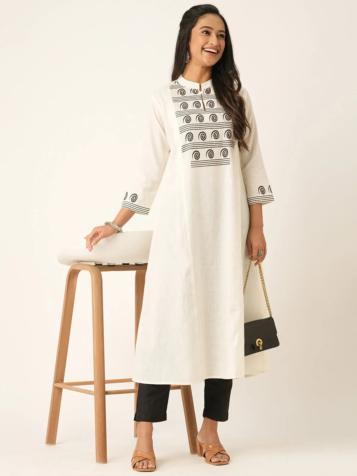 Odette Off White Cotton Printed Stitched Kurta for Women