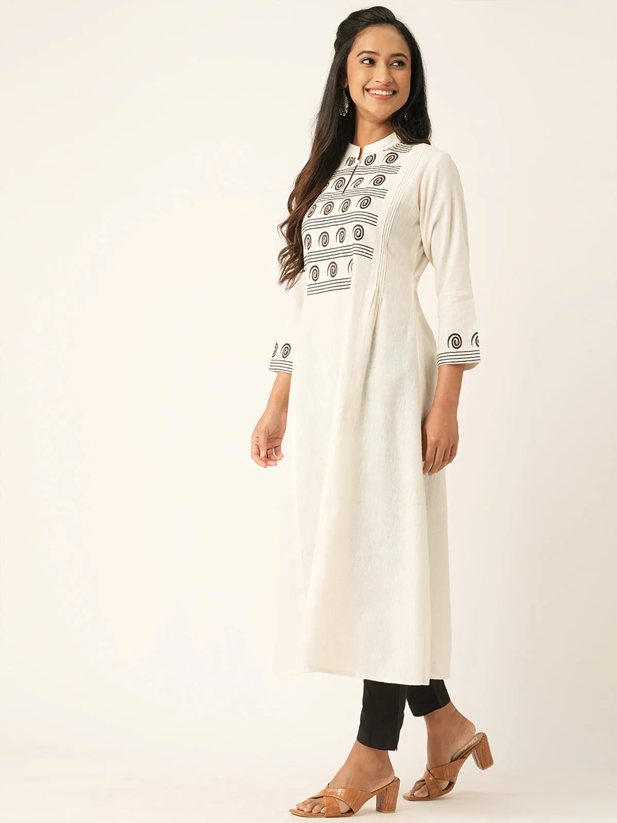 Odette Off White Cotton Printed Stitched Kurta for Women