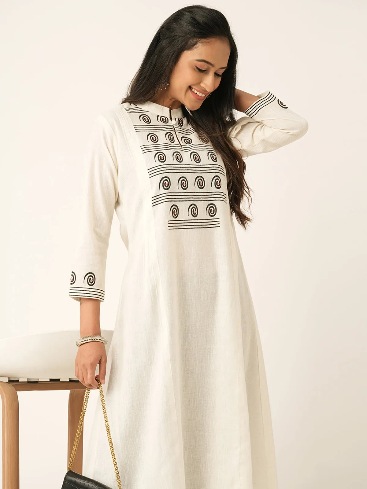 Odette Off White Cotton Printed Stitched Kurta for Women