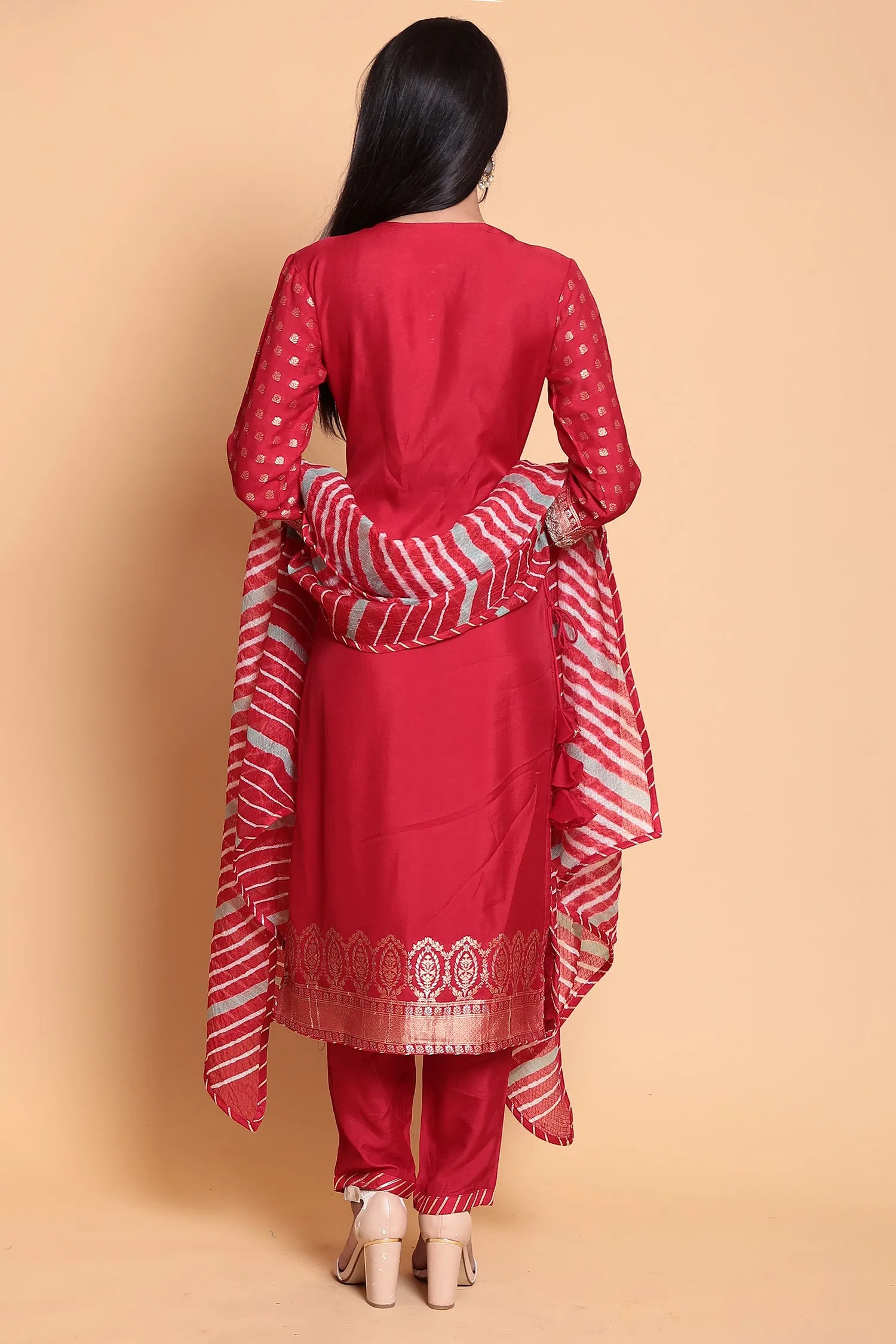 Chanderi Suit Stitched with Gota Patti work.