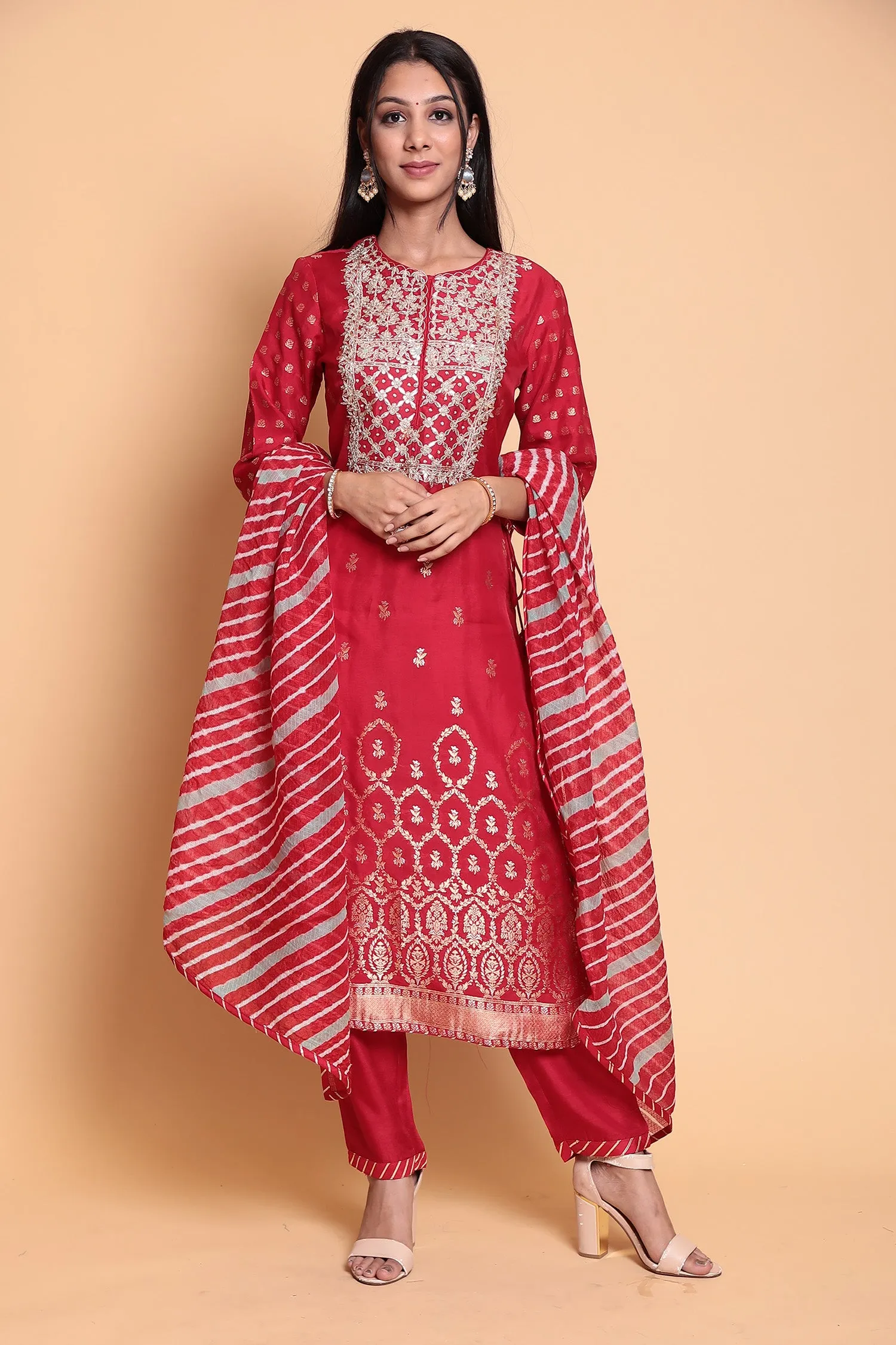 Chanderi Suit Stitched with Gota Patti work.