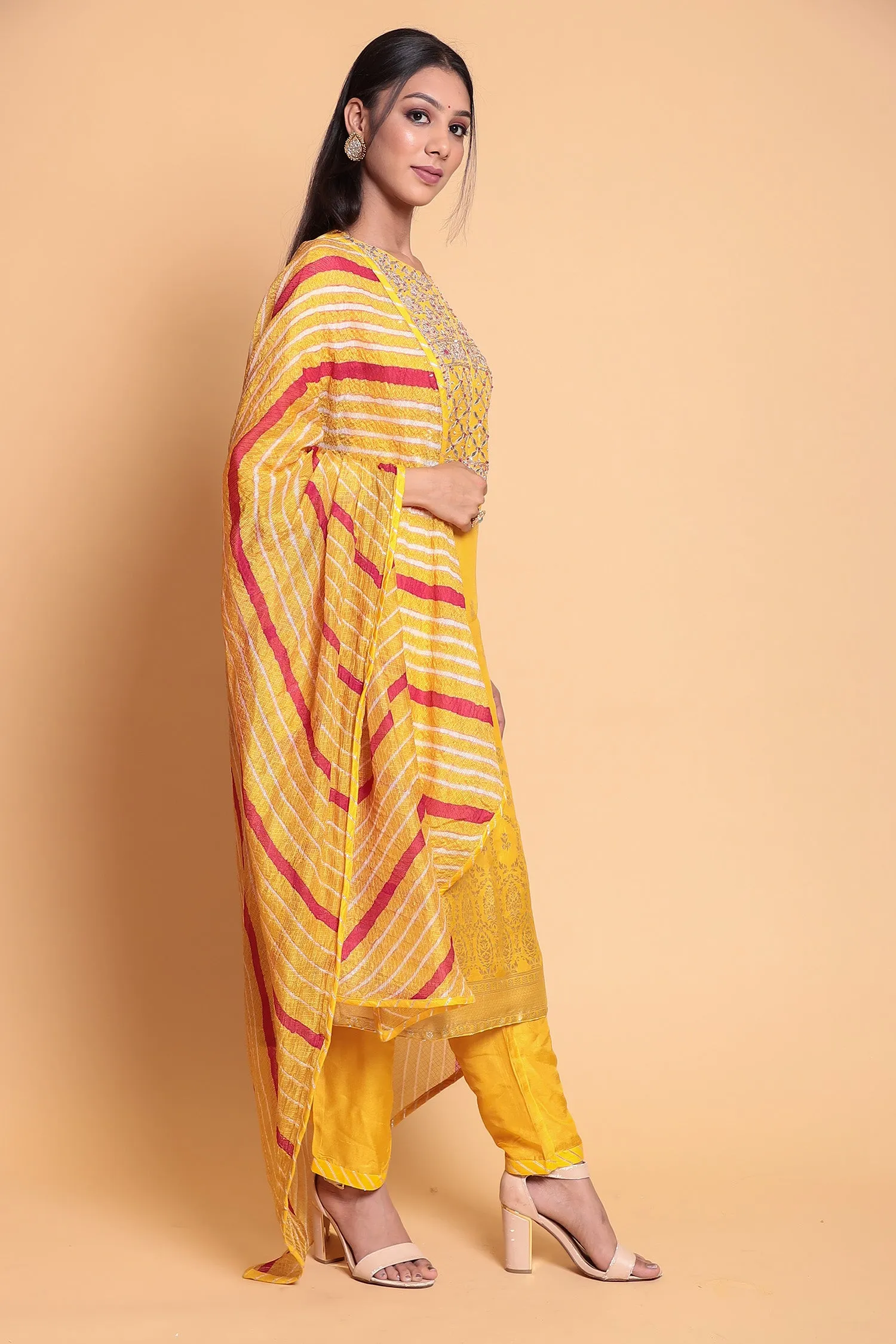 Chanderi Suit Stitched with Gota Patti work.