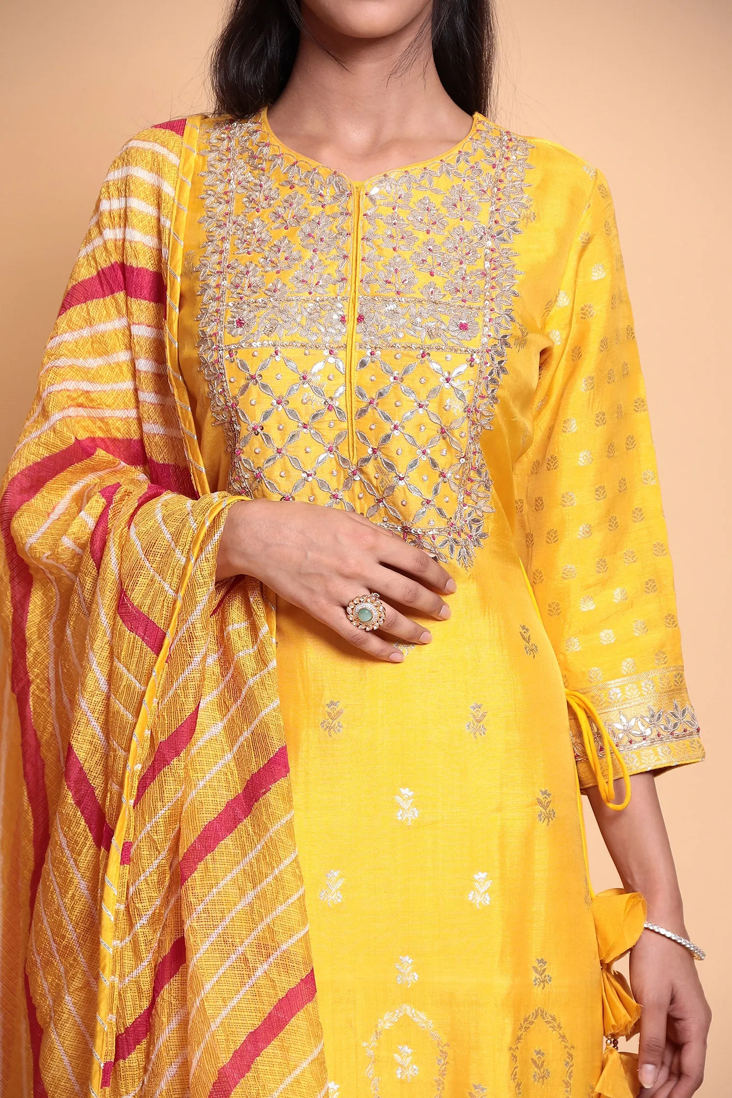 Chanderi Suit Stitched with Gota Patti work.