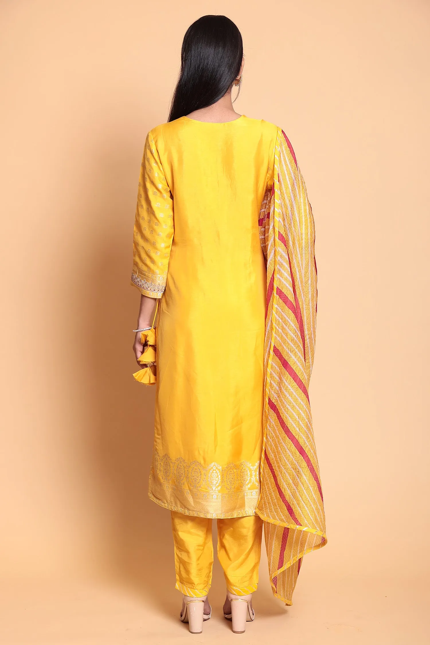 Chanderi Suit Stitched with Gota Patti work.