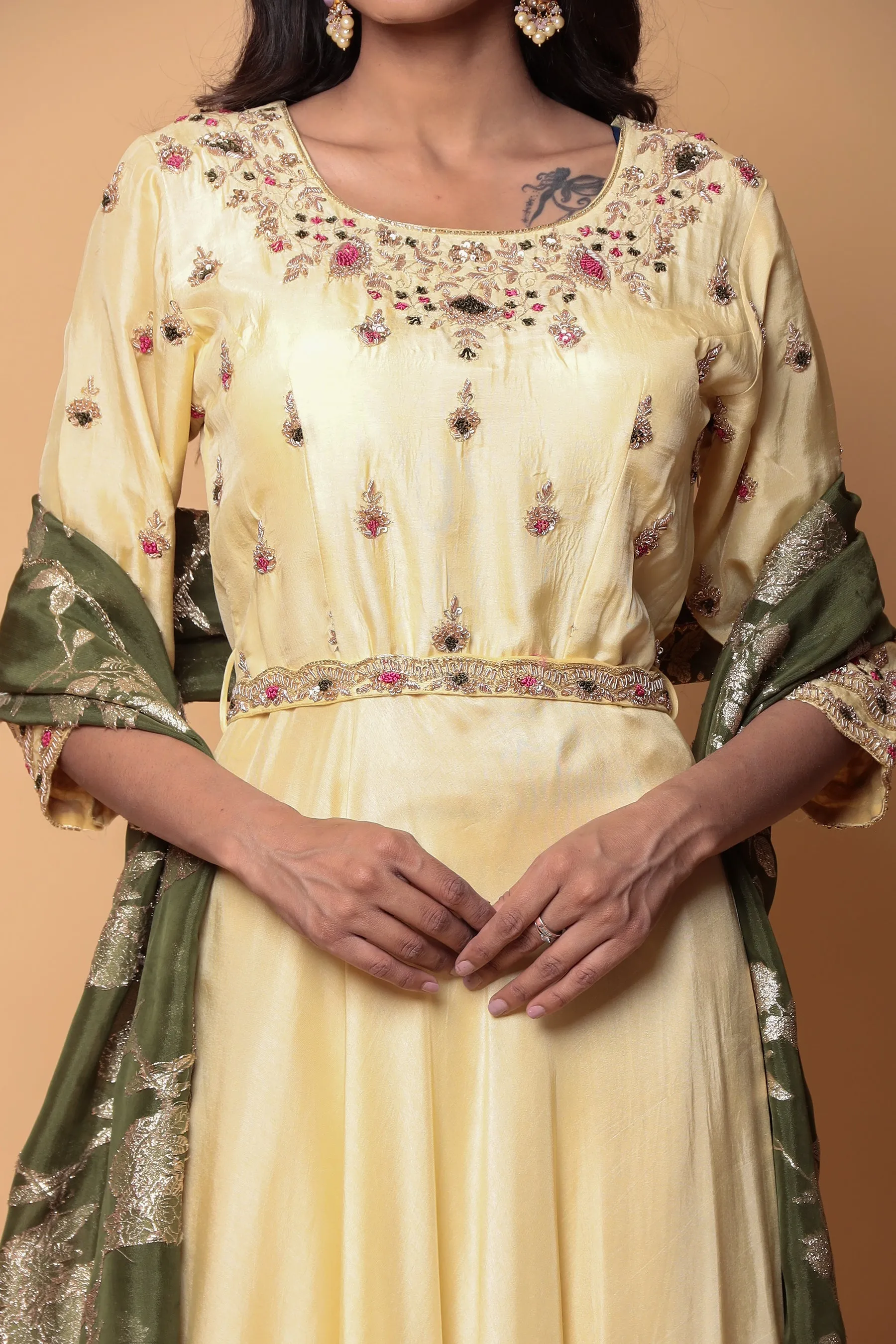 Crepe silk Suit with Aari, Sequins, Thread, Zardozi work.