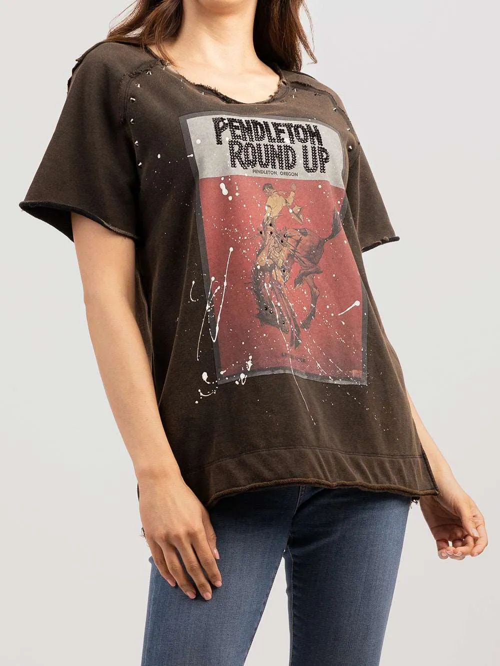 Delila Women Ink Splashed Rodeo Print Tee With Studs