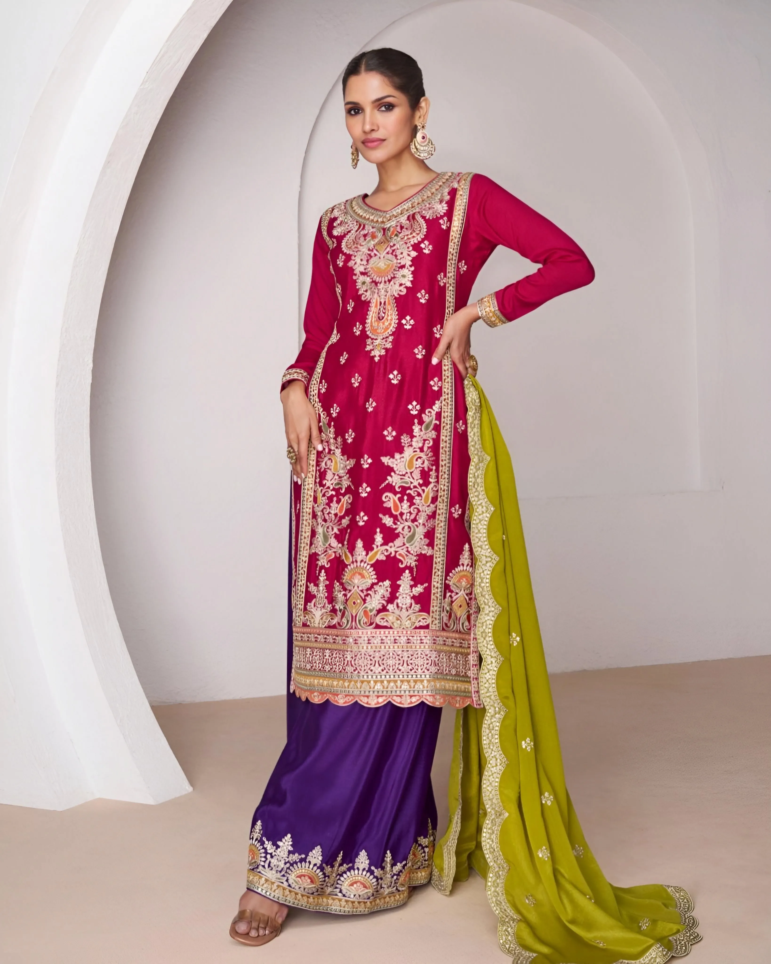 Embroidered Chinon Silk Palazzo Suits Red