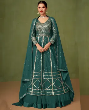 Embroidered Georgette Palazzo Suits Pine Green