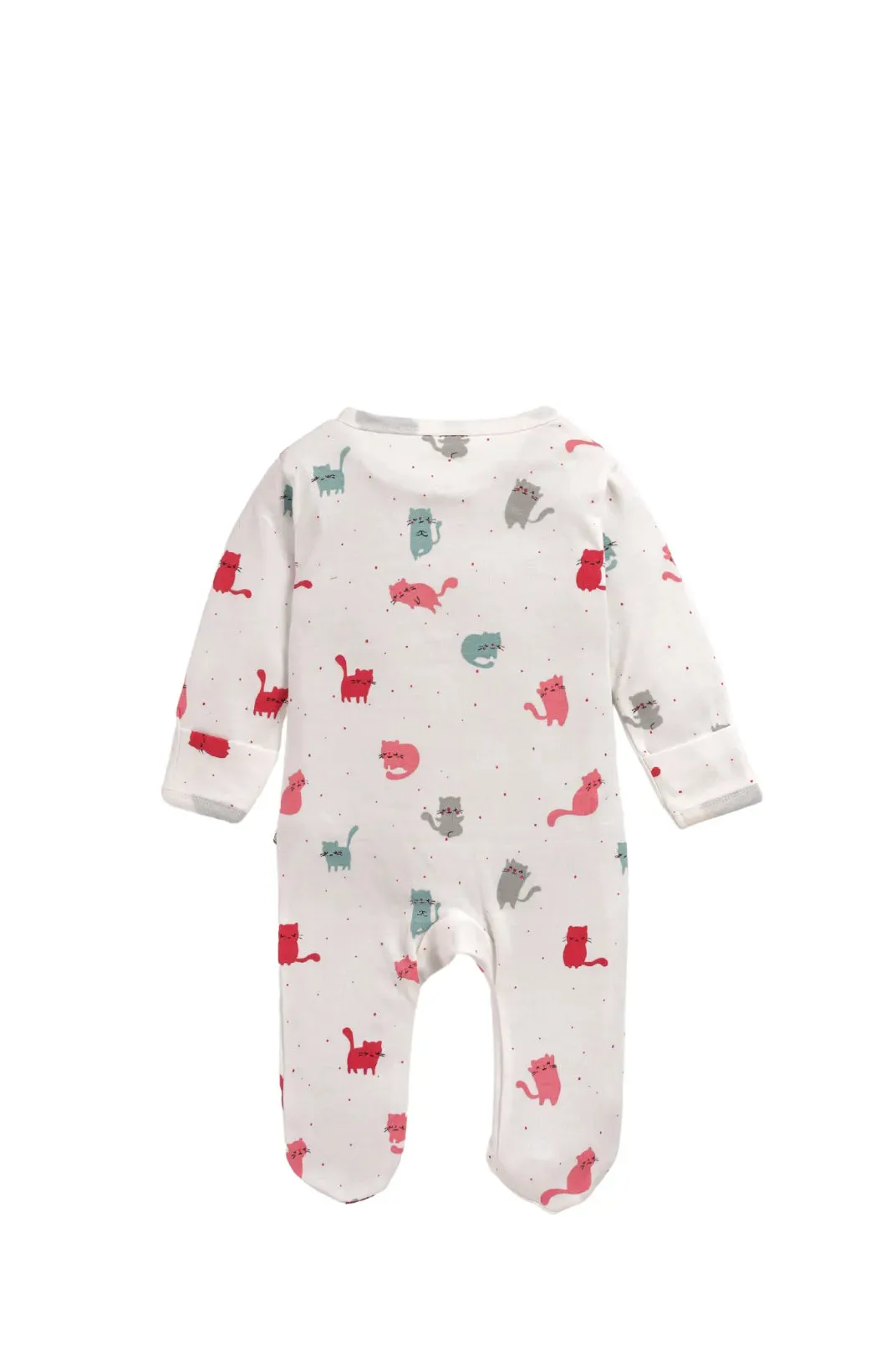 Full sleeve cat patterns in white zipper sleepsuit with cap for baby