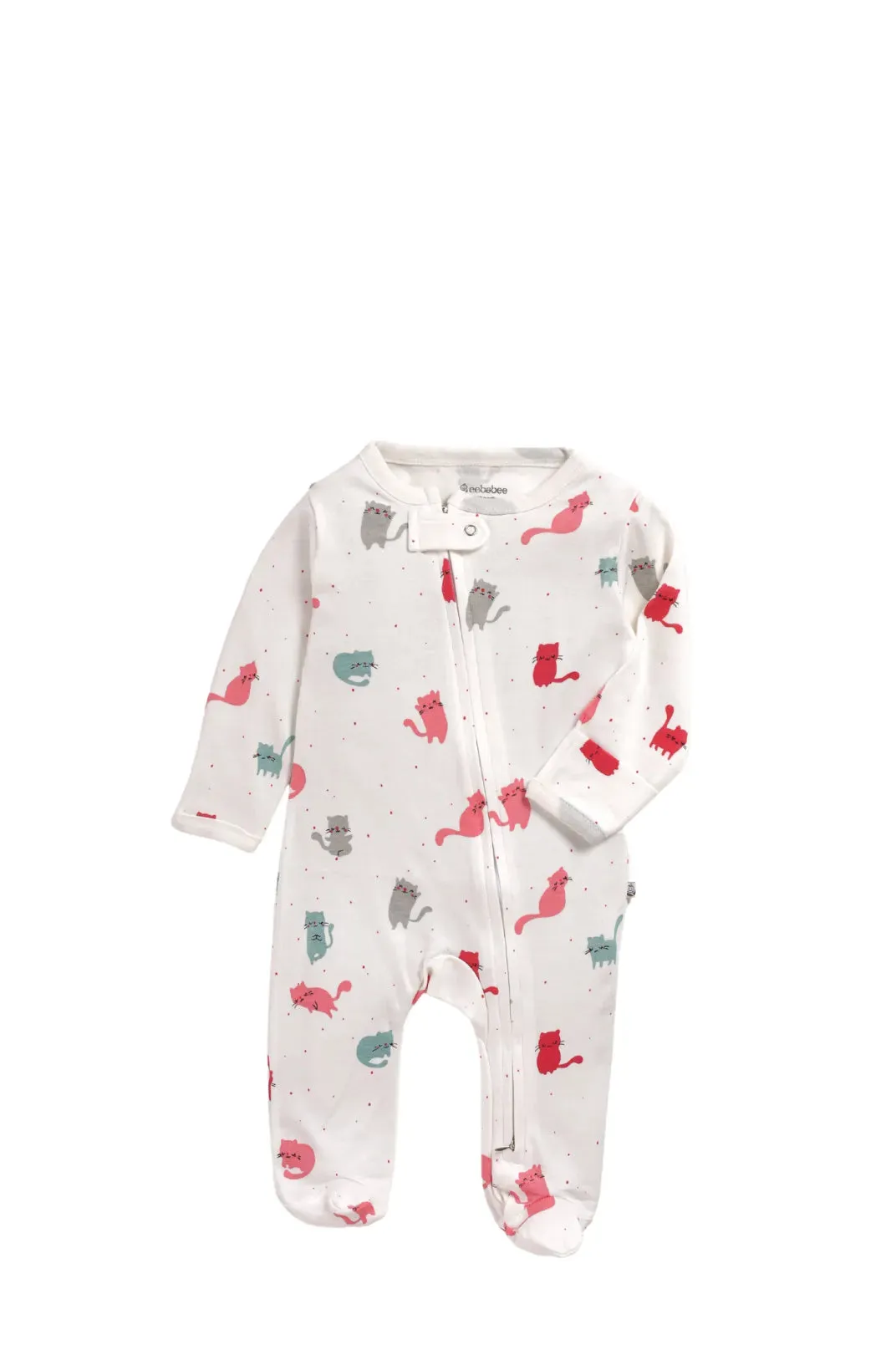 Full sleeve cat patterns in white zipper sleepsuit with cap for baby