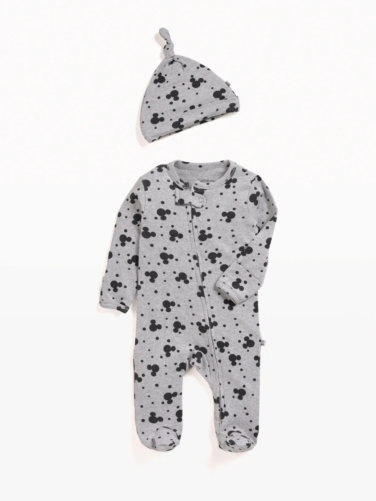 Full sleeve mickey mouse pattern in grey zipper sleepsuit with cap  for baby