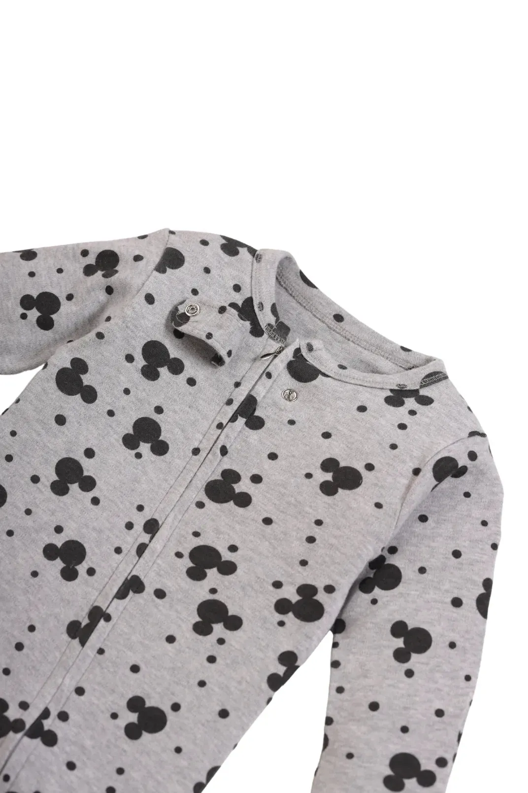 Full sleeve mickey mouse pattern in grey zipper sleepsuit with cap  for baby