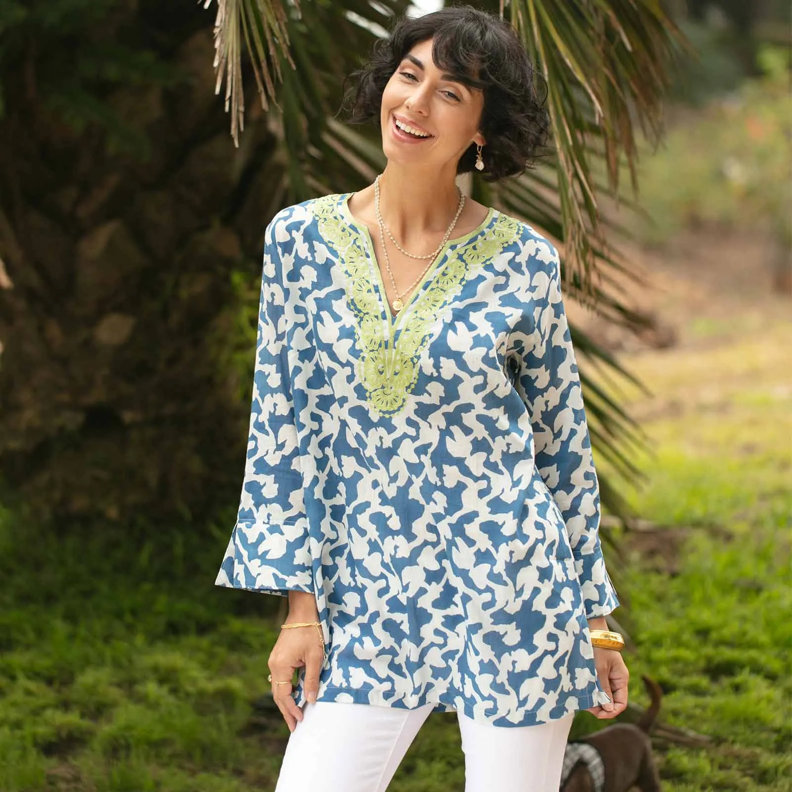 Ivy Blue blu Cotton Embroidered Kurta Tunic