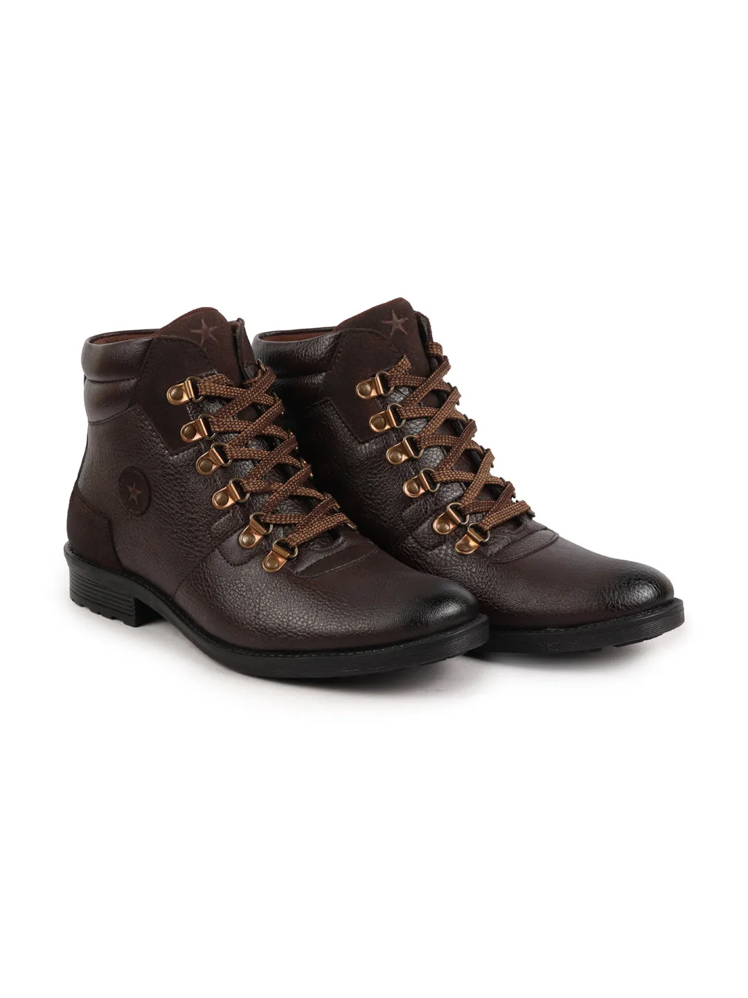 Men Brown Genuine Leather 6-Eye Metallic Lace Up Hook Classic High Ankle Boot For Trekking|Biking|Hiking