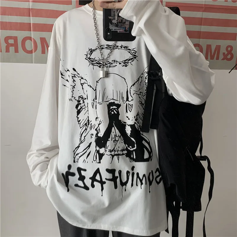 Men Long Sleeve T-shirts Autumn Print Gothic Vintage Ulzzang Cozy High Street Streetwear 5XL Baggy Korean Trendy Harajuku BF New