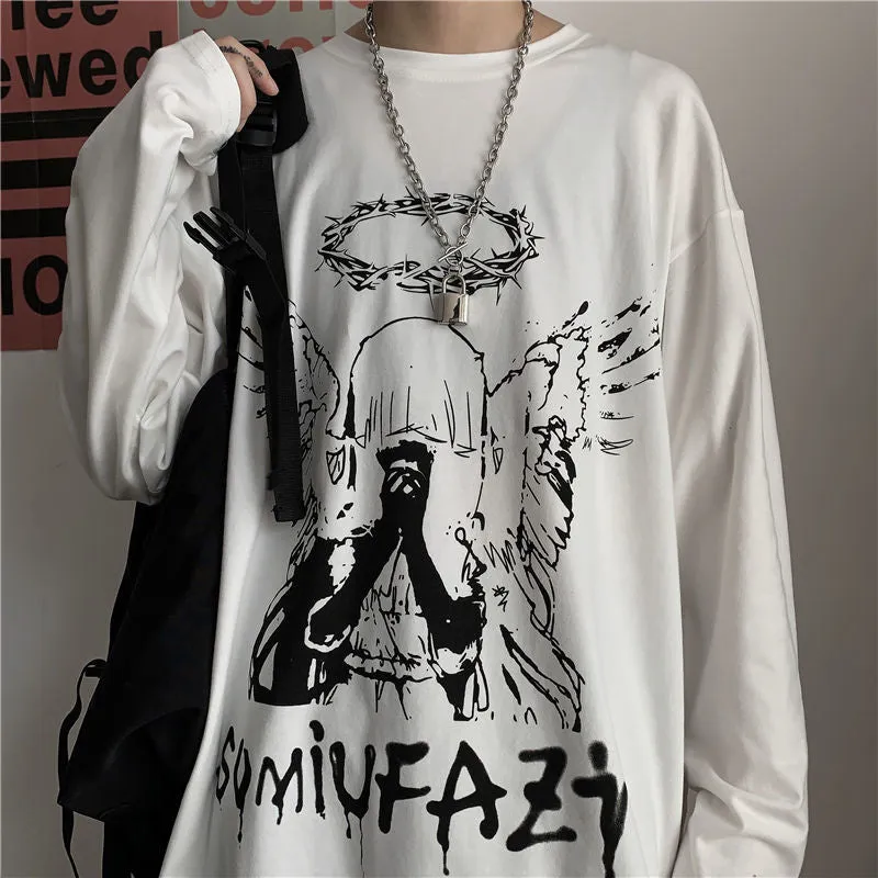 Men Long Sleeve T-shirts Autumn Print Gothic Vintage Ulzzang Cozy High Street Streetwear 5XL Baggy Korean Trendy Harajuku BF New