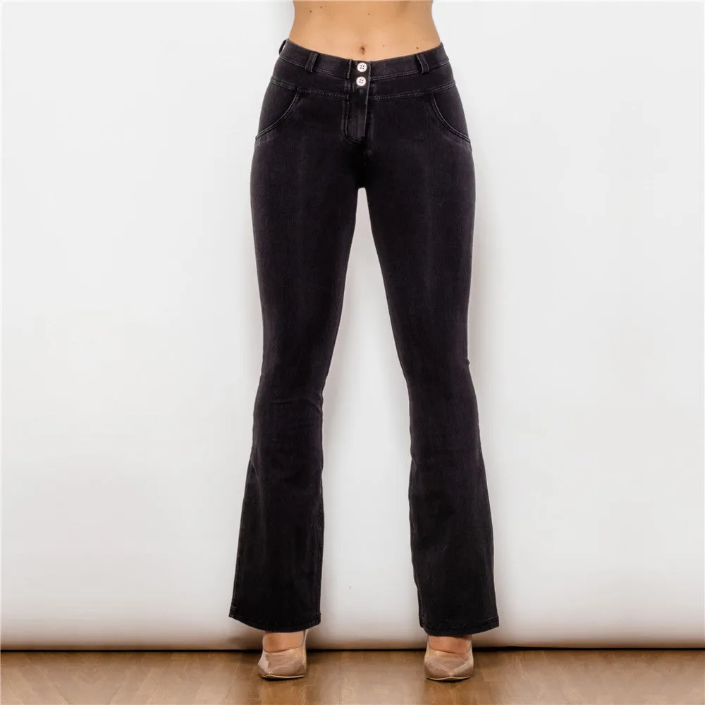 Mid Waist Dark Thread Black Flare Jeans