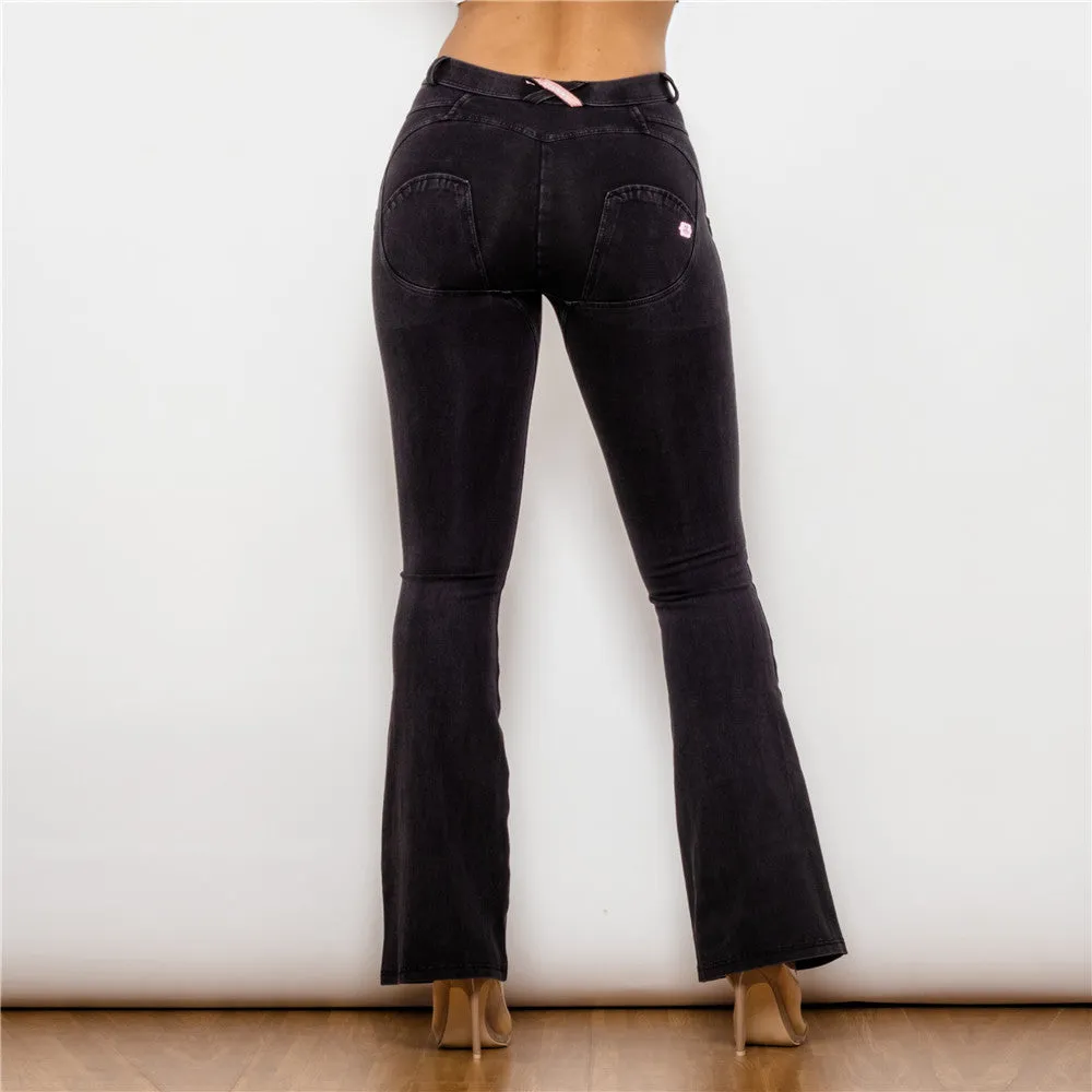 Mid Waist Dark Thread Black Flare Jeans