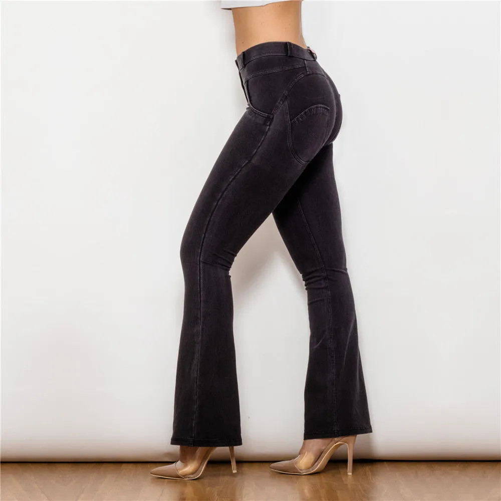 Mid Waist Dark Thread Black Flare Jeans