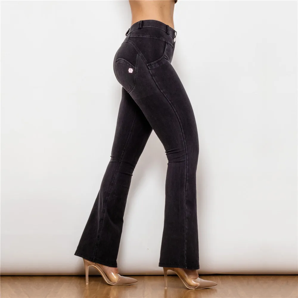 Mid Waist Dark Thread Black Flare Jeans