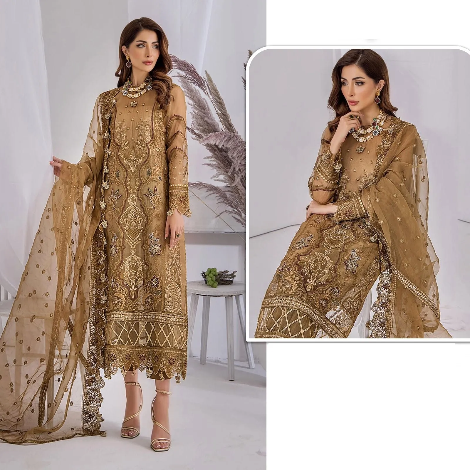 Mustard Organza Pakistani Salawar Kameez