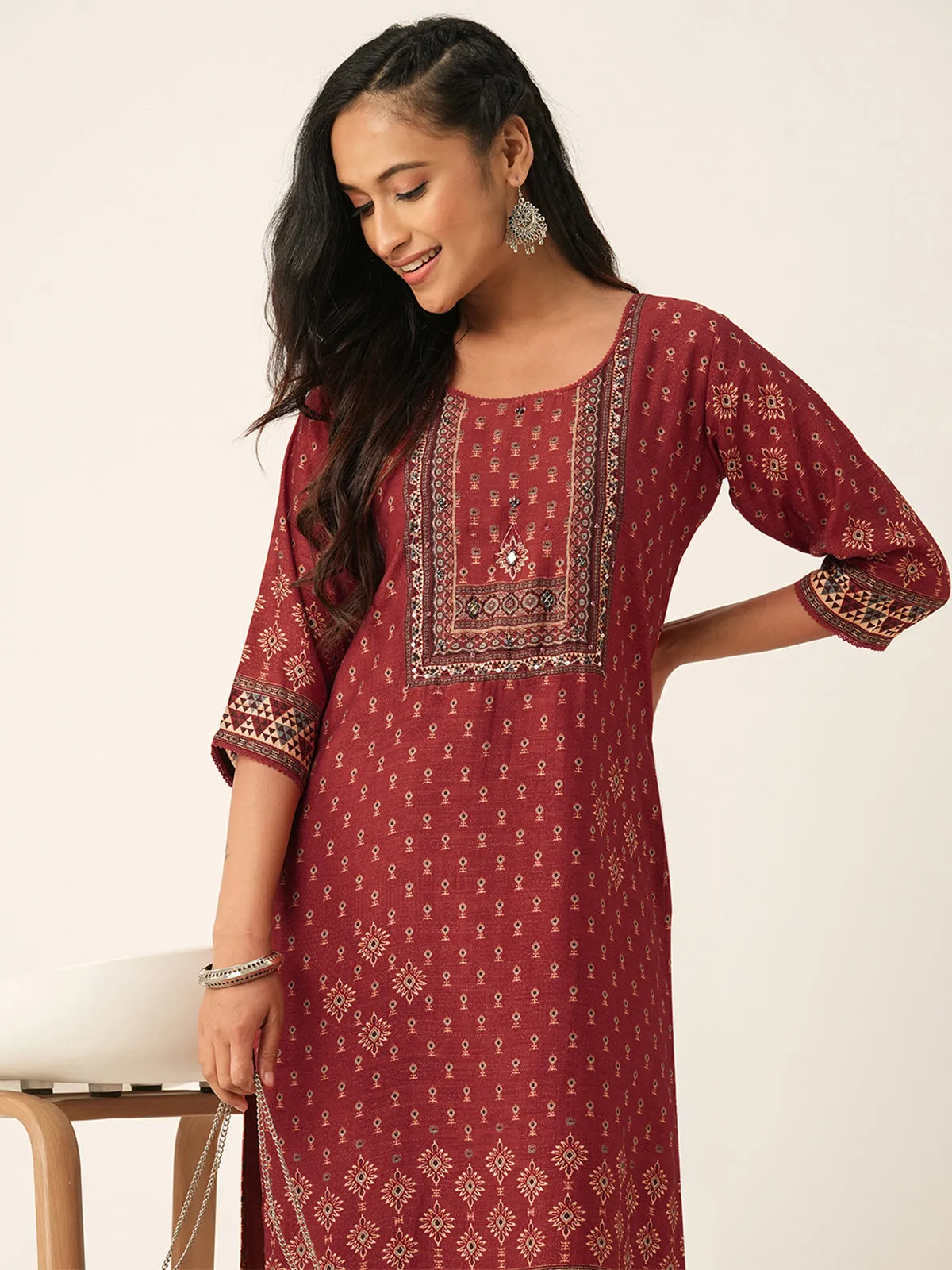 Odette Maroon Muslin Printed Stitched Kurta for Women