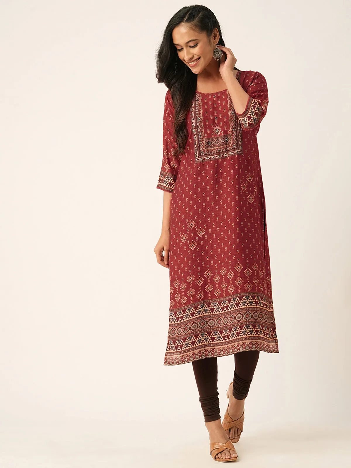 Odette Maroon Muslin Printed Stitched Kurta for Women