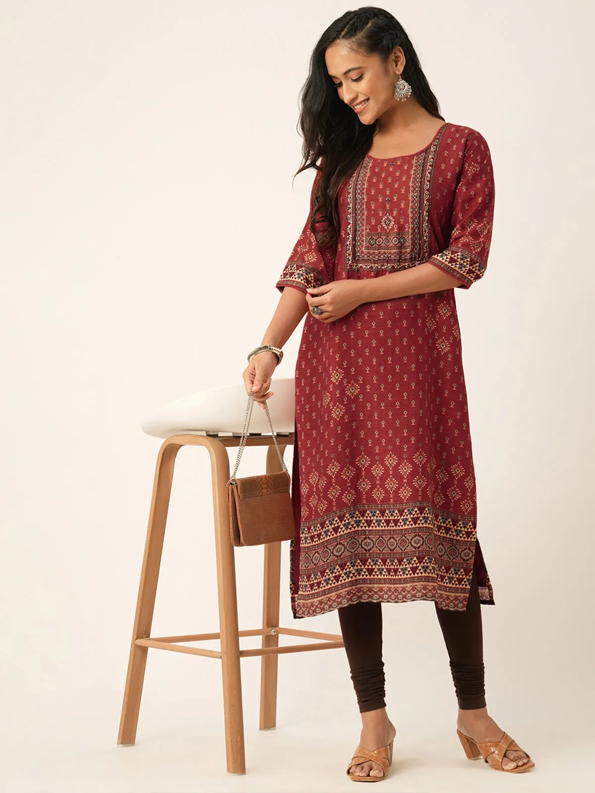 Odette Maroon Muslin Printed Stitched Kurta for Women