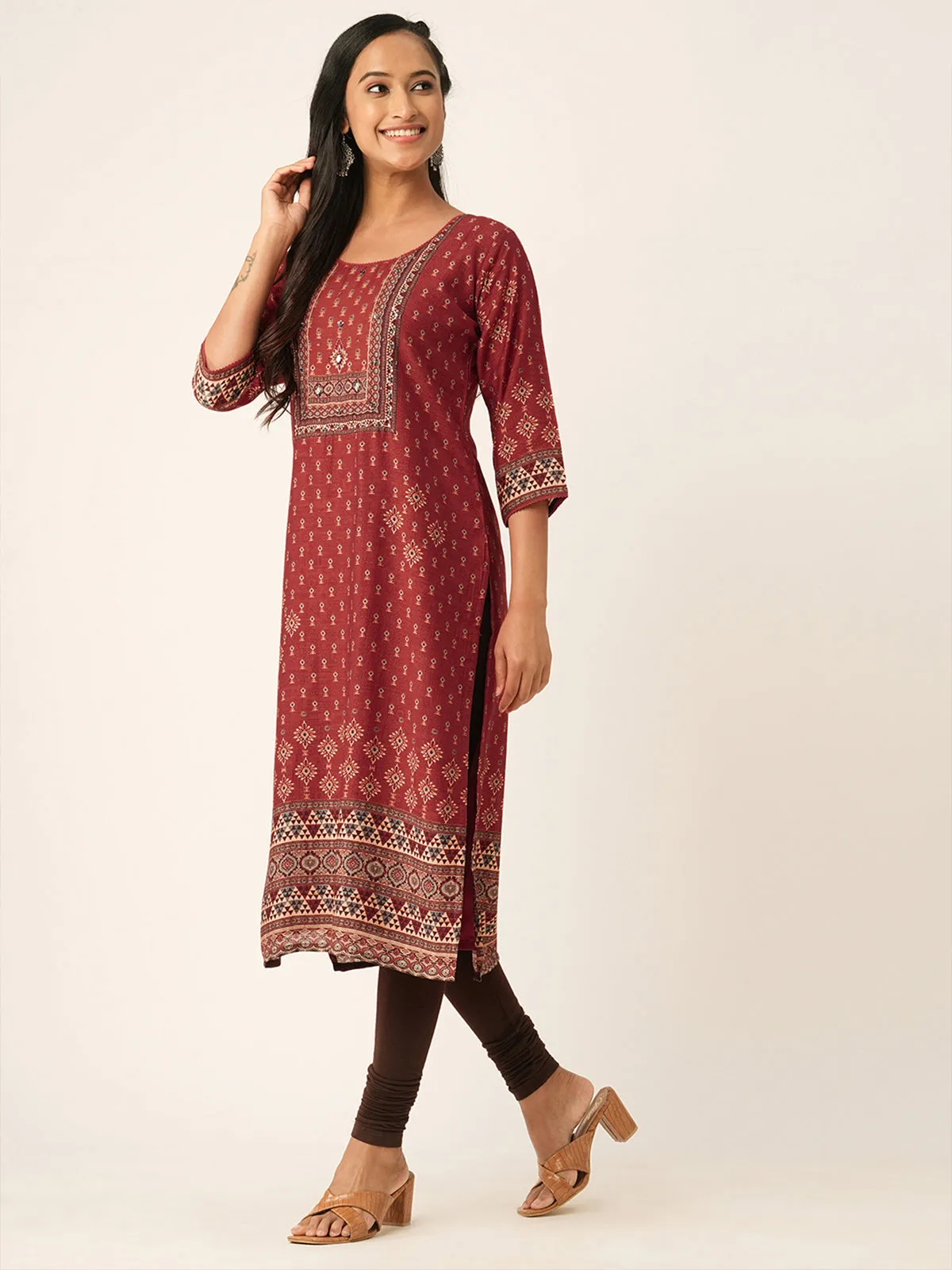 Odette Maroon Muslin Printed Stitched Kurta for Women