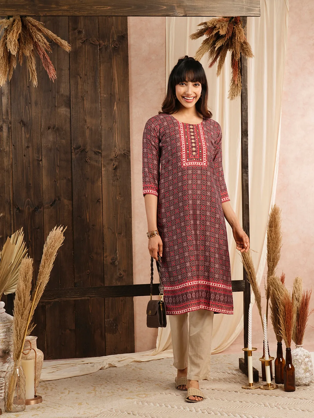 Odette Maroon Muslin Printed Stitched Kurta for Women