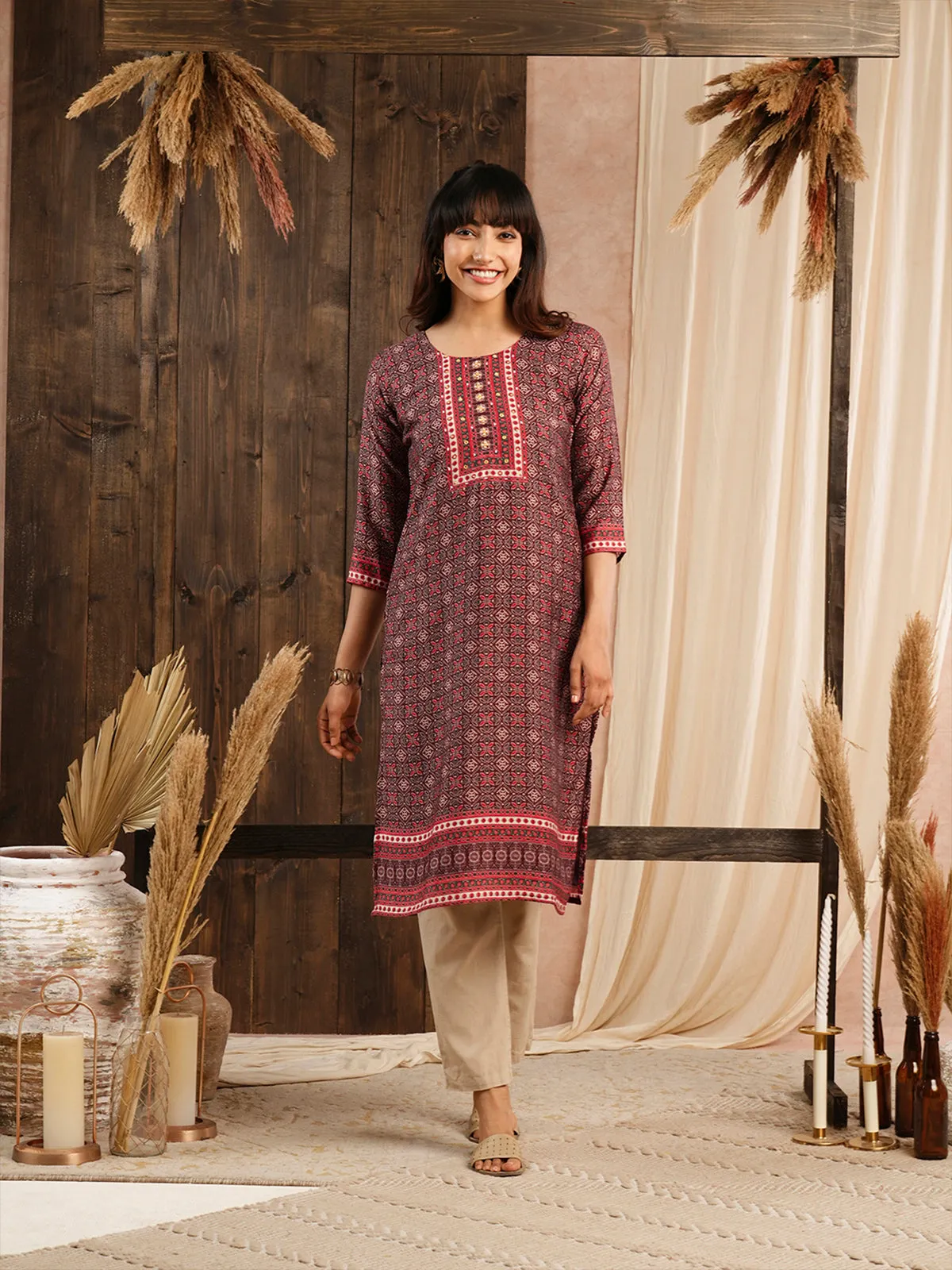 Odette Maroon Muslin Printed Stitched Kurta for Women