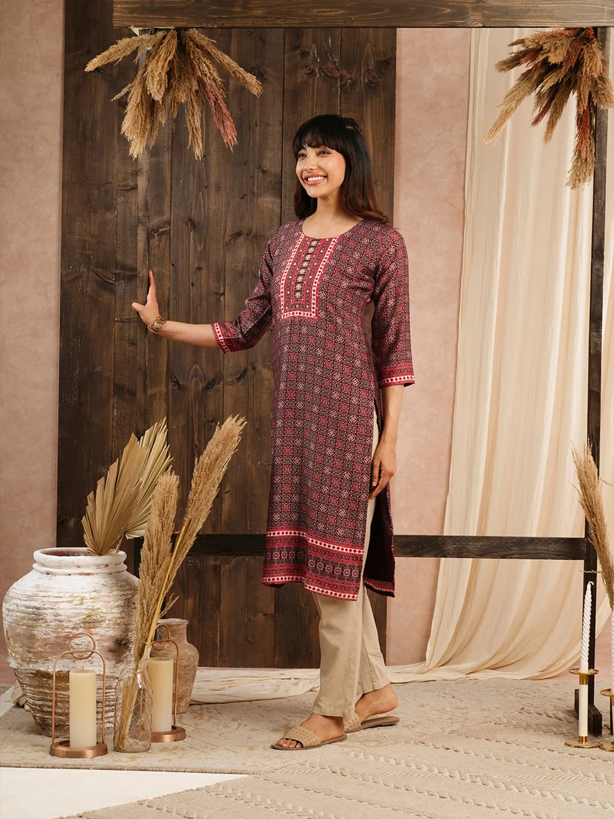 Odette Maroon Muslin Printed Stitched Kurta for Women