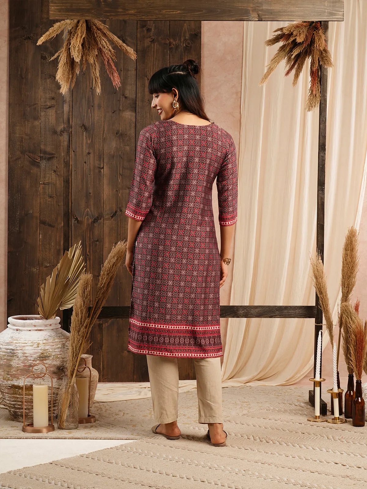 Odette Maroon Muslin Printed Stitched Kurta for Women