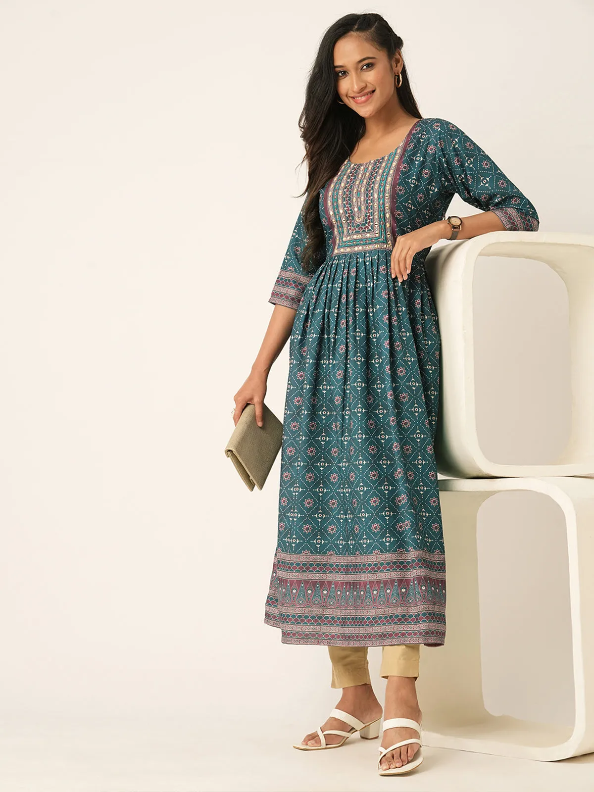 Odette Teal Rayon Printed Comfort Fit Stitched Kurta for Women