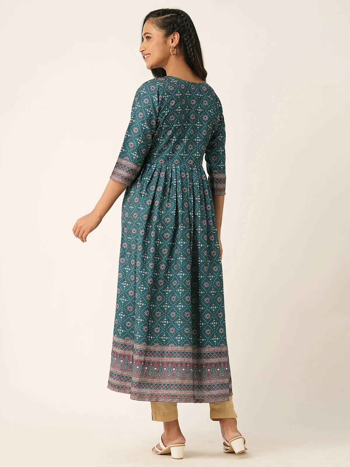 Odette Teal Rayon Printed Comfort Fit Stitched Kurta for Women