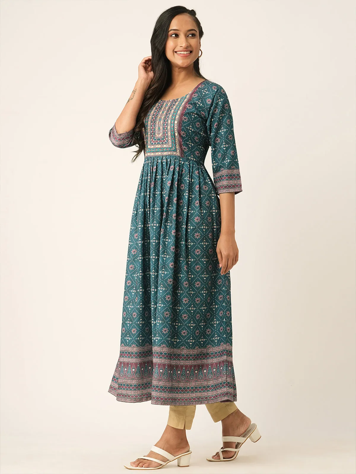 Odette Teal Rayon Printed Comfort Fit Stitched Kurta for Women