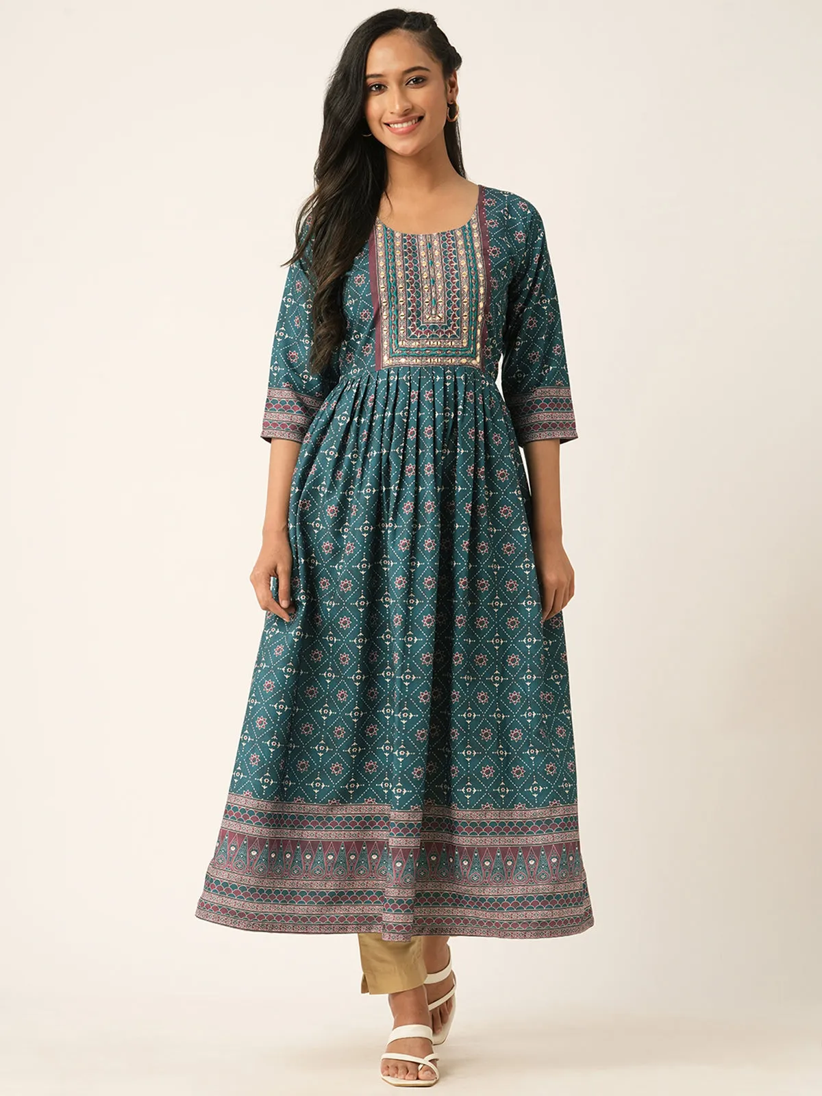 Odette Teal Rayon Printed Comfort Fit Stitched Kurta for Women