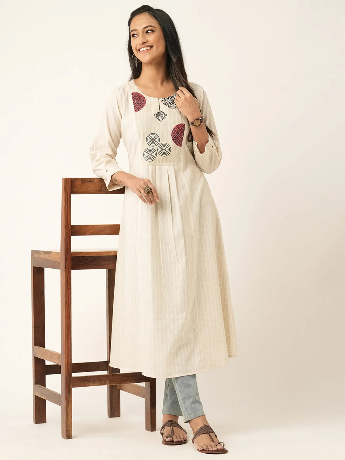 Odette Cream Cotton Printed Stitched Kurta for Women