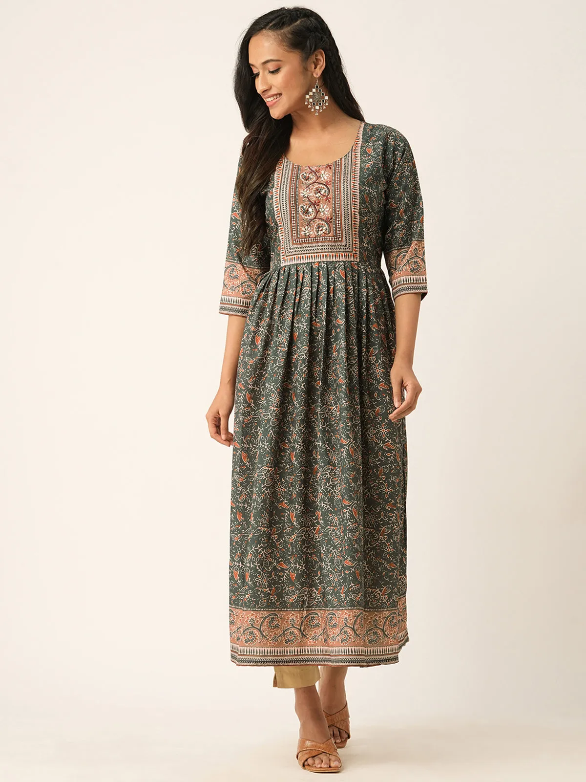 Odette Grey Rayon Printed Stitched Kurta for Women